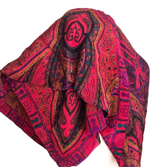 Liz Claiborne Silk Scarf Blue Red Purple Paisley Floral Hibiscus Flower DH722 - Picture 5 of 8